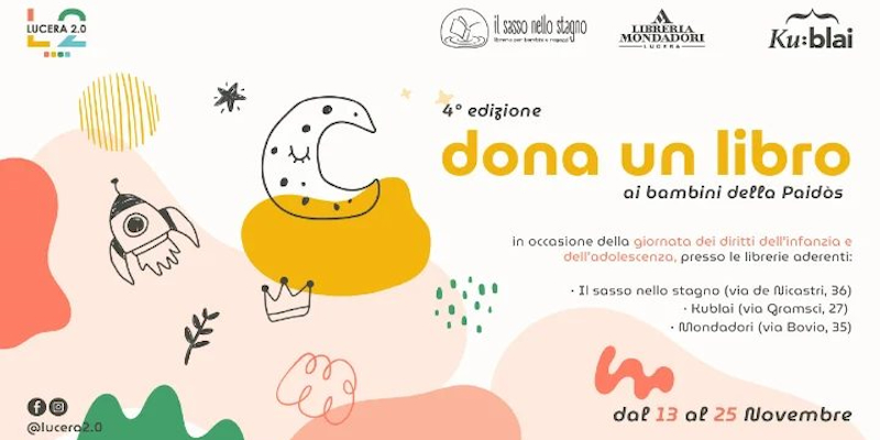 Lucera. Dal 13 al 25 novembre &quot;Dona un libro ai bambini della Paidòs&quot;